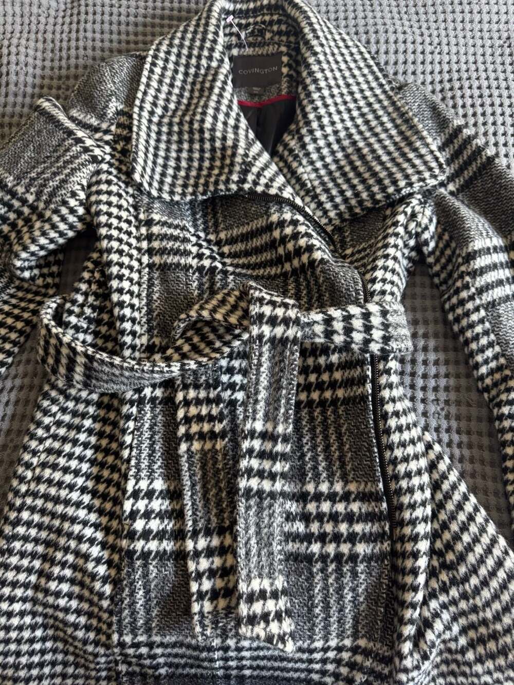 Covington Black and White Plaid Houndstooth Belted Wrap Coat with Asymmetrical Z